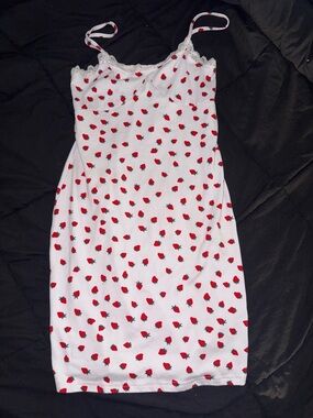 White Strawberry Print Spaghetti Strap Kids Dress
